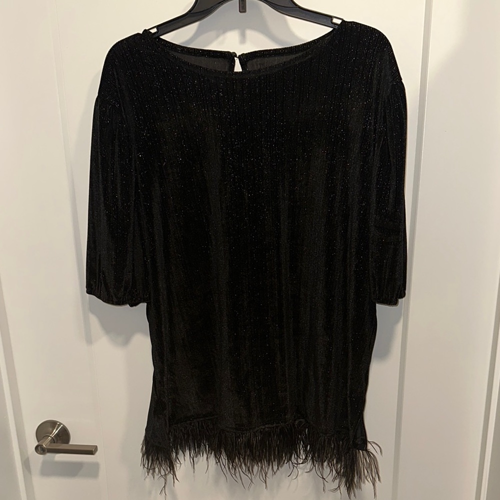 Elegant Black Top with Feather Trim